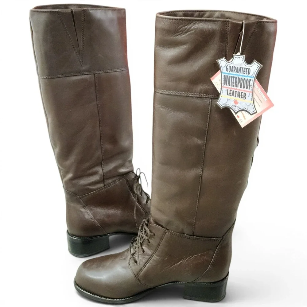 BLONDO Leather Knee High Riding Boots 6.5B Brown Lace-up Waterproof Canada NWT‎
